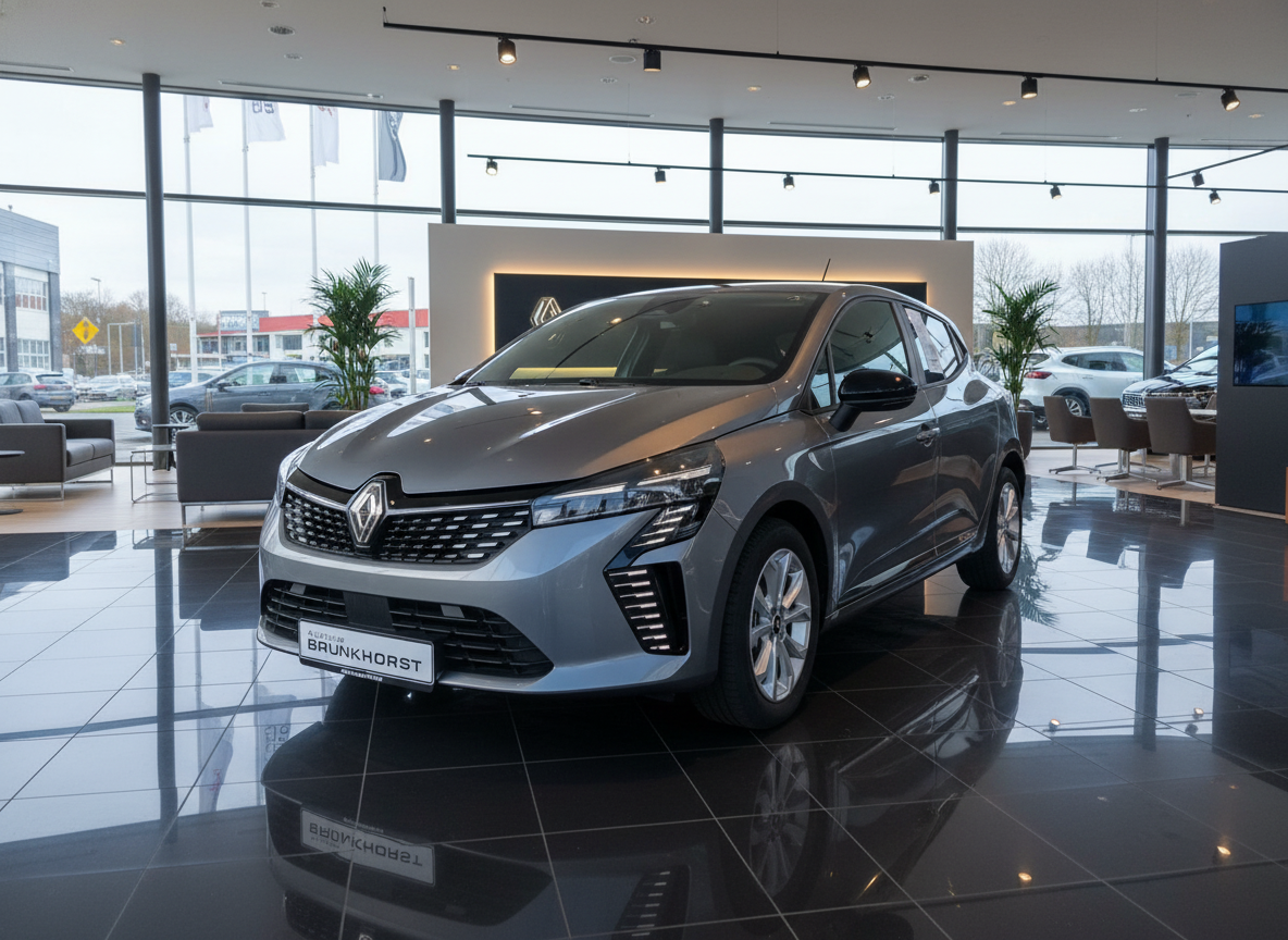 Grauer Renault Clio Neuwagen im Autohaus Brunkhorst Showroom mit modernem Interieur und großen Glasfenstern