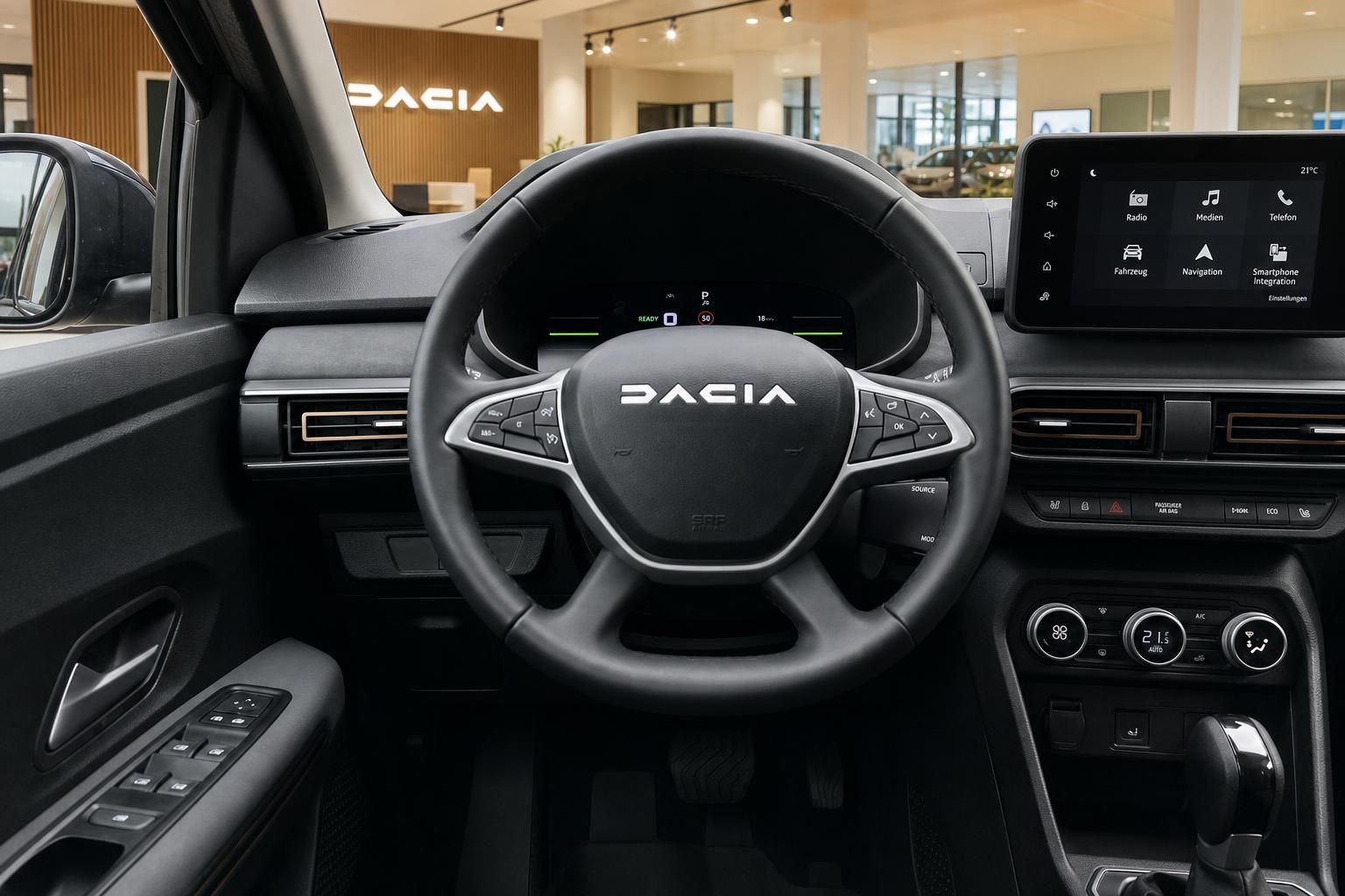 Dacia Cockpit mit Lenkrad, digitaler Anzeige und Infotainment-Display
