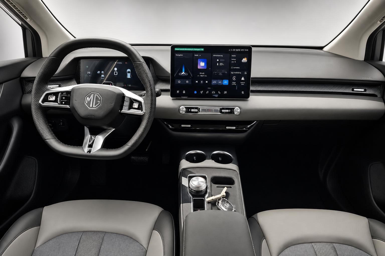 MG Cockpit mit Lenkrad, Touchscreen und Sitzen im Detail