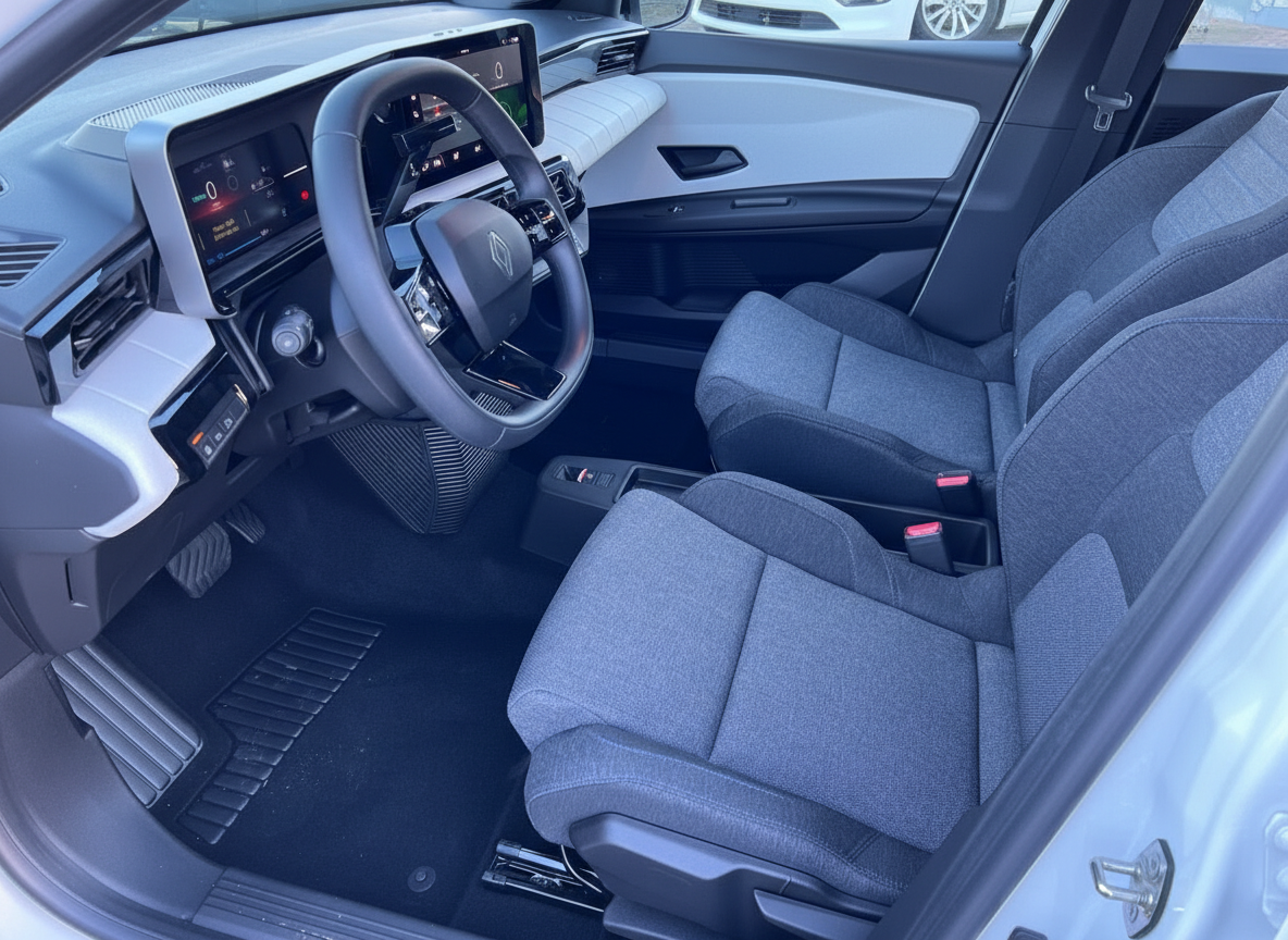 Renault 5 E-Tech Innenraum mit digitalem Cockpit, Stoffsitzen und modernem Infotainment-Display