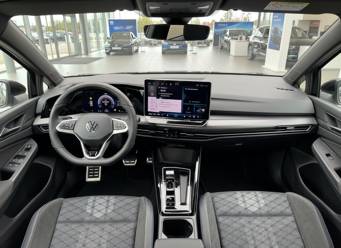 Volkswagen Golf Innenraum mit digitalem Cockpit und Touchscreen-Infotainment in grauem Alcantara-Design
