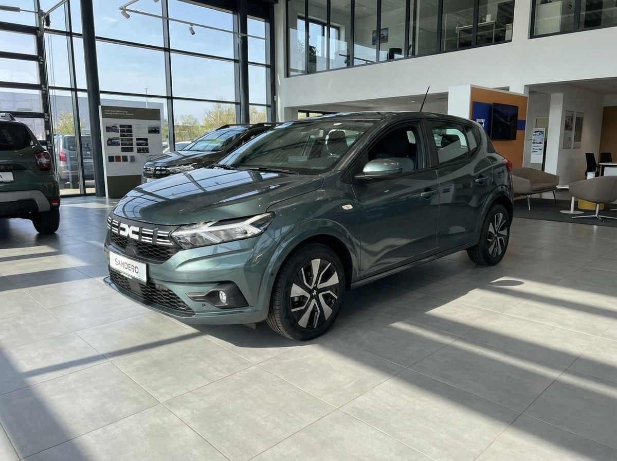 Dacia Sandero in Grün im Autohaus-Showroom mit modernem DC-Logo und Leichtmetallfelgen