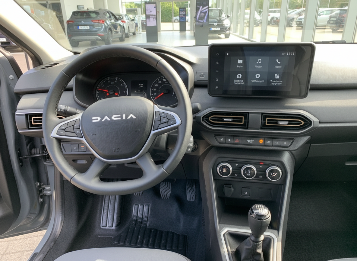 Dacia Innenraum mit Lenkrad, Instrumententafel und Touchscreen-Infotainmentsystem