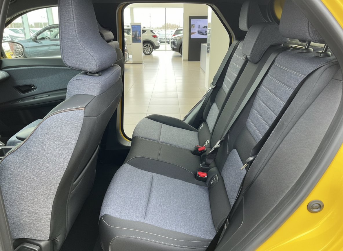 Rücksitzbank mit grauem Stoffbezug im gelben Kompaktwagen im Autohaus-Showroom