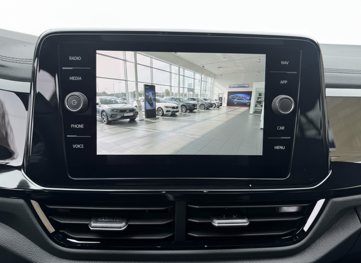 Volkswagen Infotainment-System mit Touchscreen, Radio, Navigation und Rückfahrkamera im Innenraum