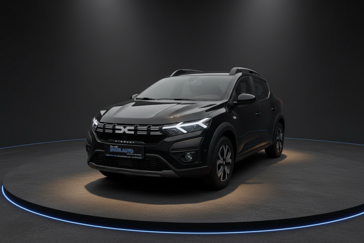 Schwarzer Dacia Sandero Stepway SUV Frontansicht im Fotostudio