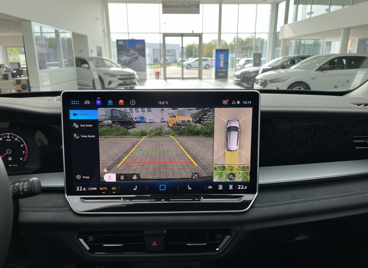 Volkswagen Infotainment-Display mit Rückfahrkamera und Park Assist im Fahrzeuginnenraum