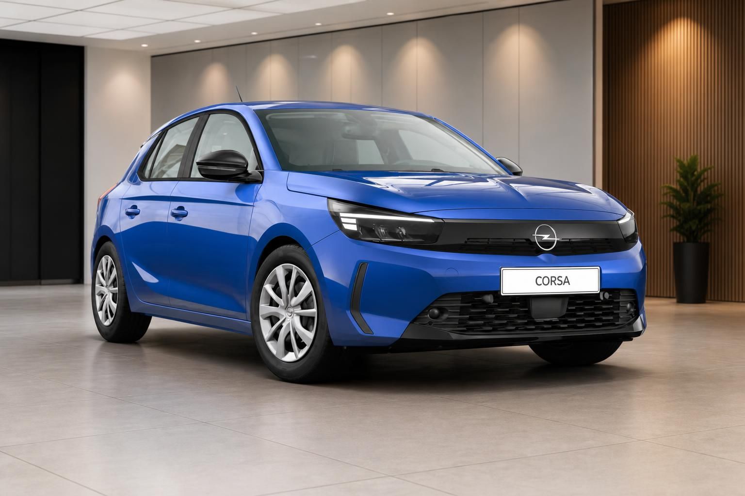 Opel Corsa blau Frontansicht im Showroom