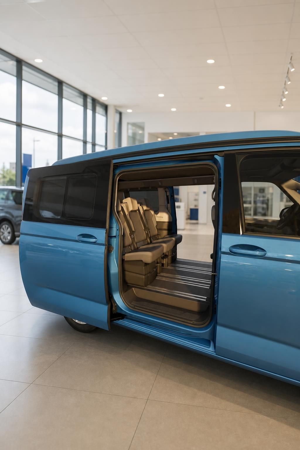 VW California mit geoeffneter Schiebetuer und Innenraum Sitzen