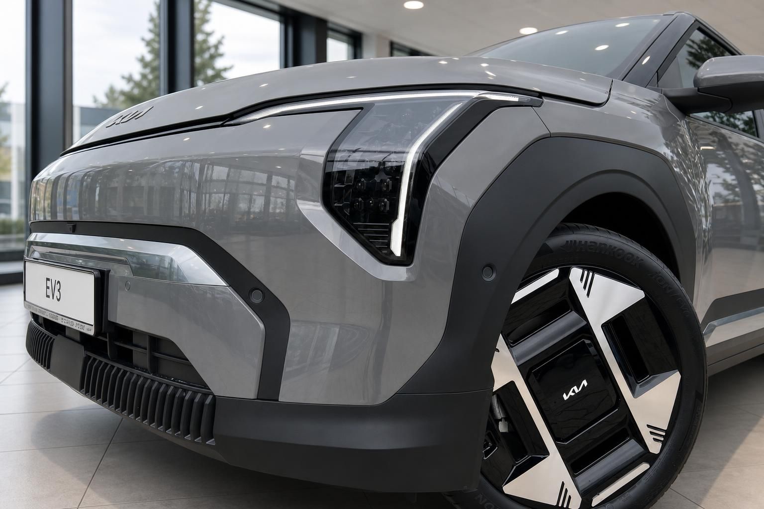 Kia EV3 Detailansicht Frontscheinwerfer und Felge in Grau