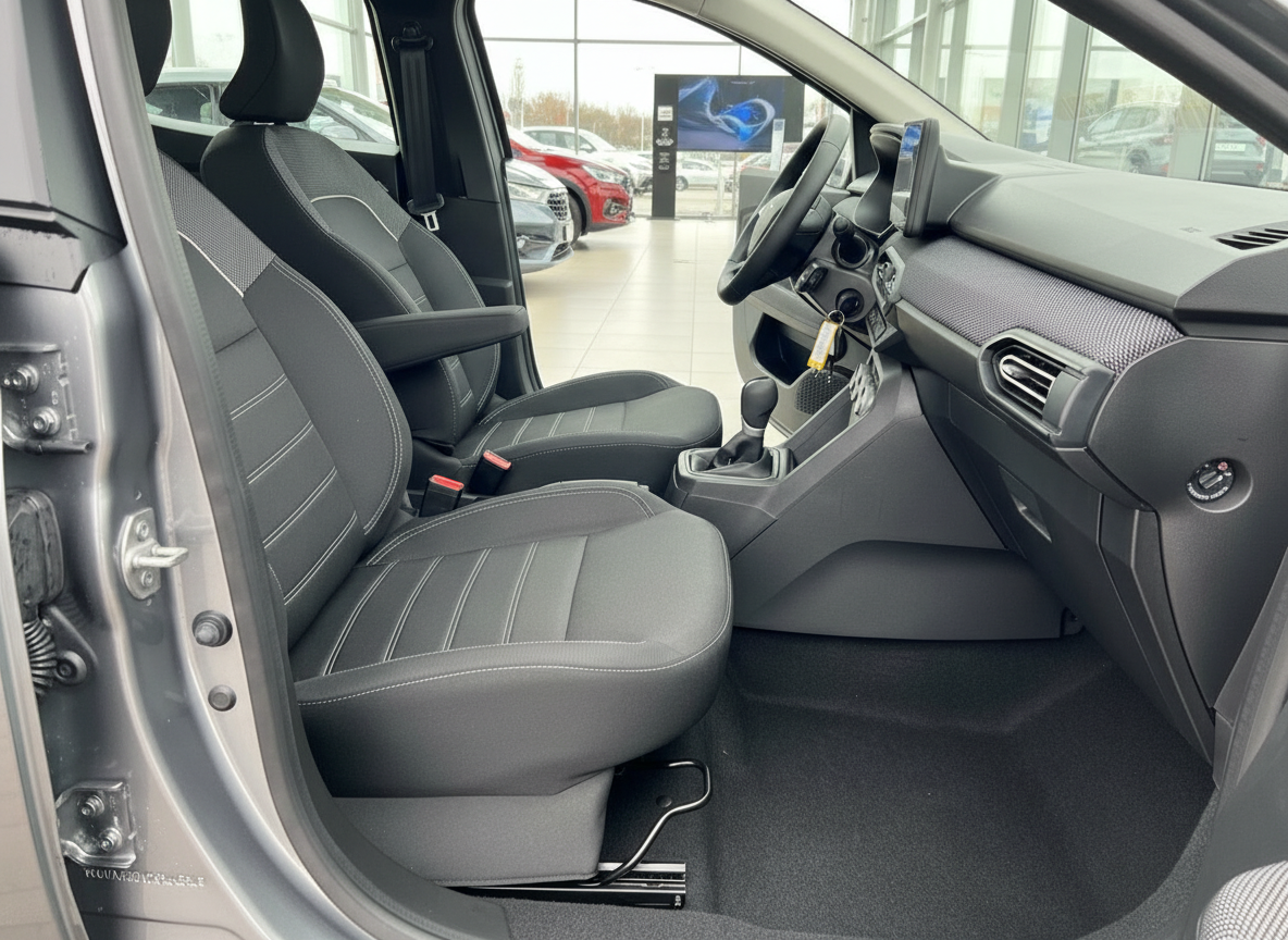 Renault Clio Innenraum Fahrersitz mit schwarzem Stoff und Mittelkonsole im Autohaus