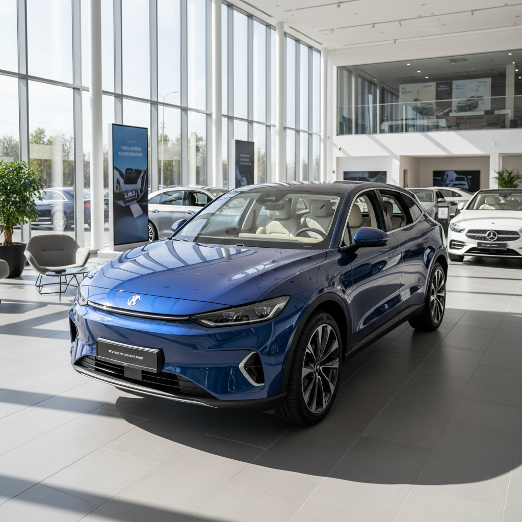 Blauer Hyundai Elektro-SUV im Autohaus Showroom mit großen Fenstern