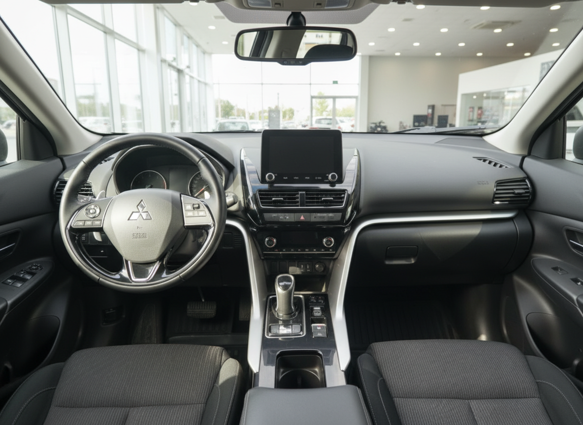 Mitsubishi Innenraum mit Lederlenkrad, Touchscreen-Infotainment und Automatikgetriebe im Autohaus
