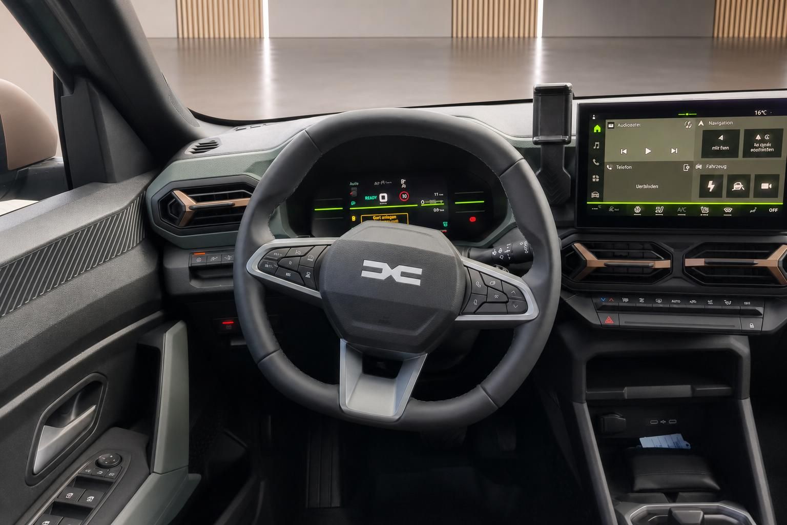 Modernes Fahrzeug-Cockpit mit digitalem Display, Lenkrad und Infotainment-System