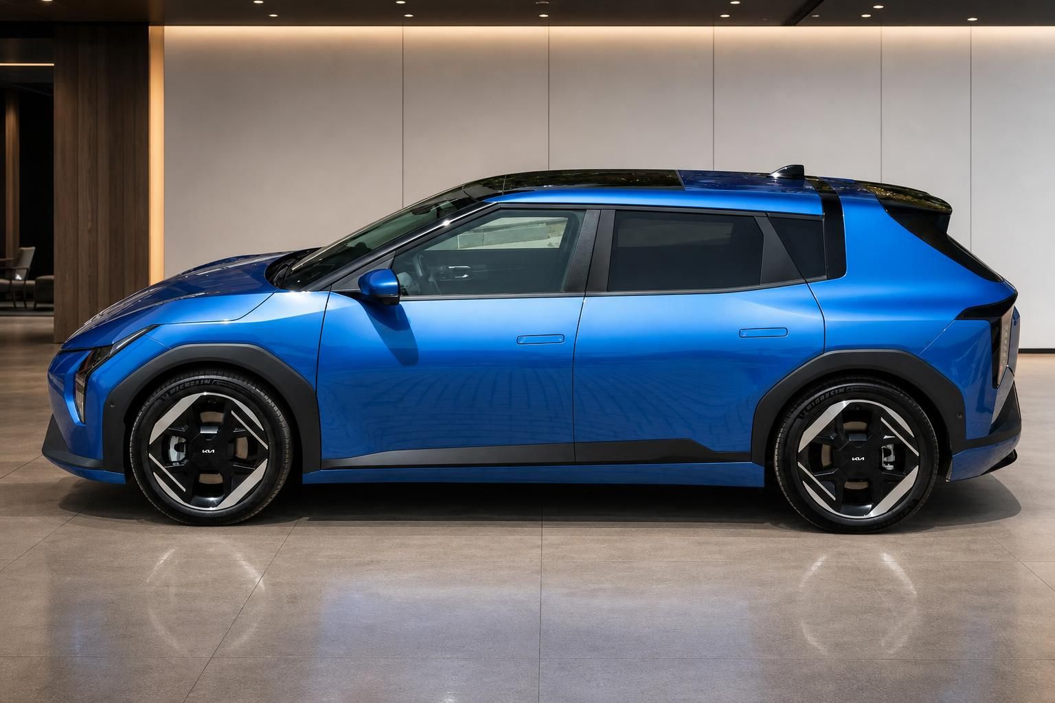 Kia EV4 blau in Seitenansicht mit Panoramadach