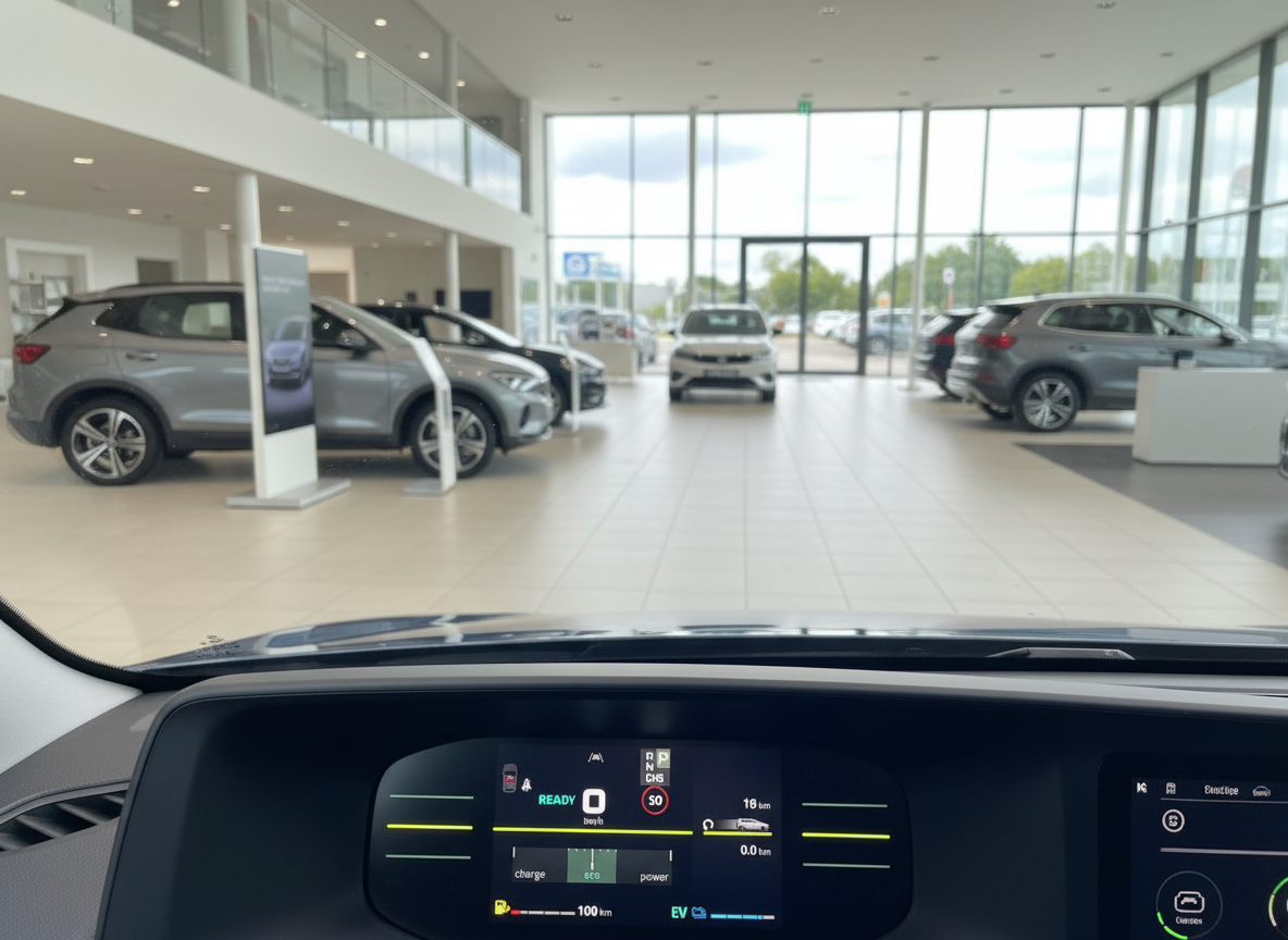 Innenraum eines Elektrofahrzeugs im SEAT-Autohaus mit Blick auf Armaturenbrett und Showroom