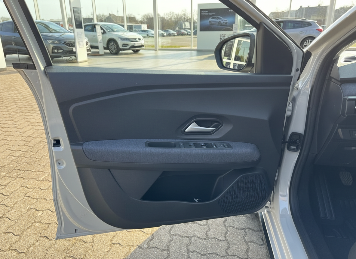 Fahrertür-Innenverkleidung eines weißen VW mit Fensterheberschaltern und Türablage