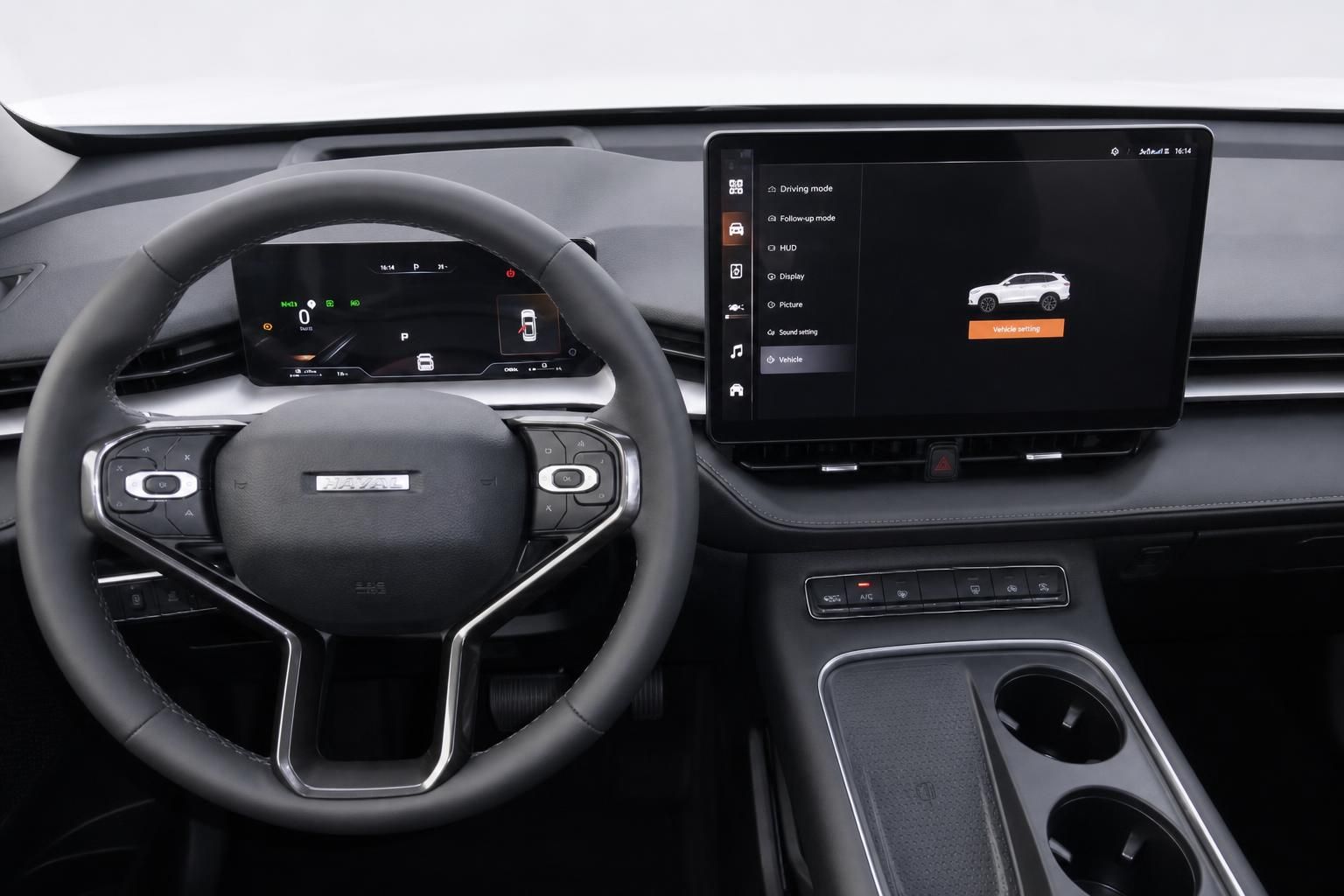 Haval SUV Cockpit mit Lenkrad, Digitaltacho und großem Touchscreen-Infotainmentsystem