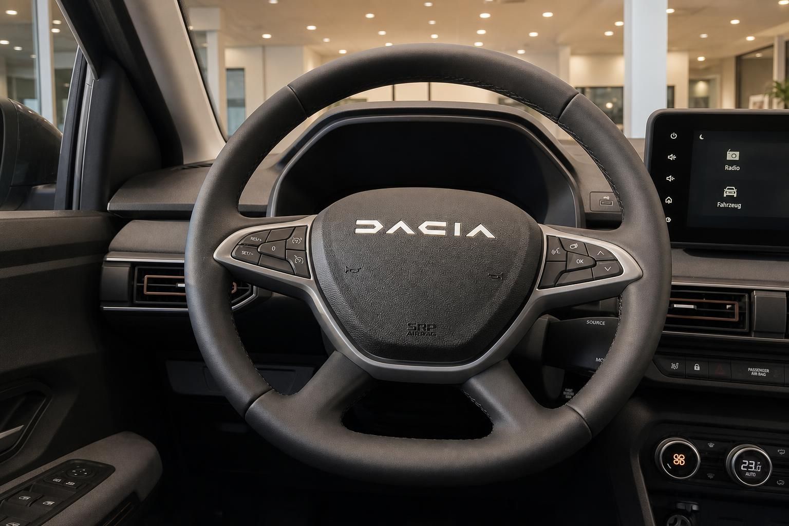 Dacia Lenkrad mit Multifunktionstasten und Infotainment-Display im Innenraum