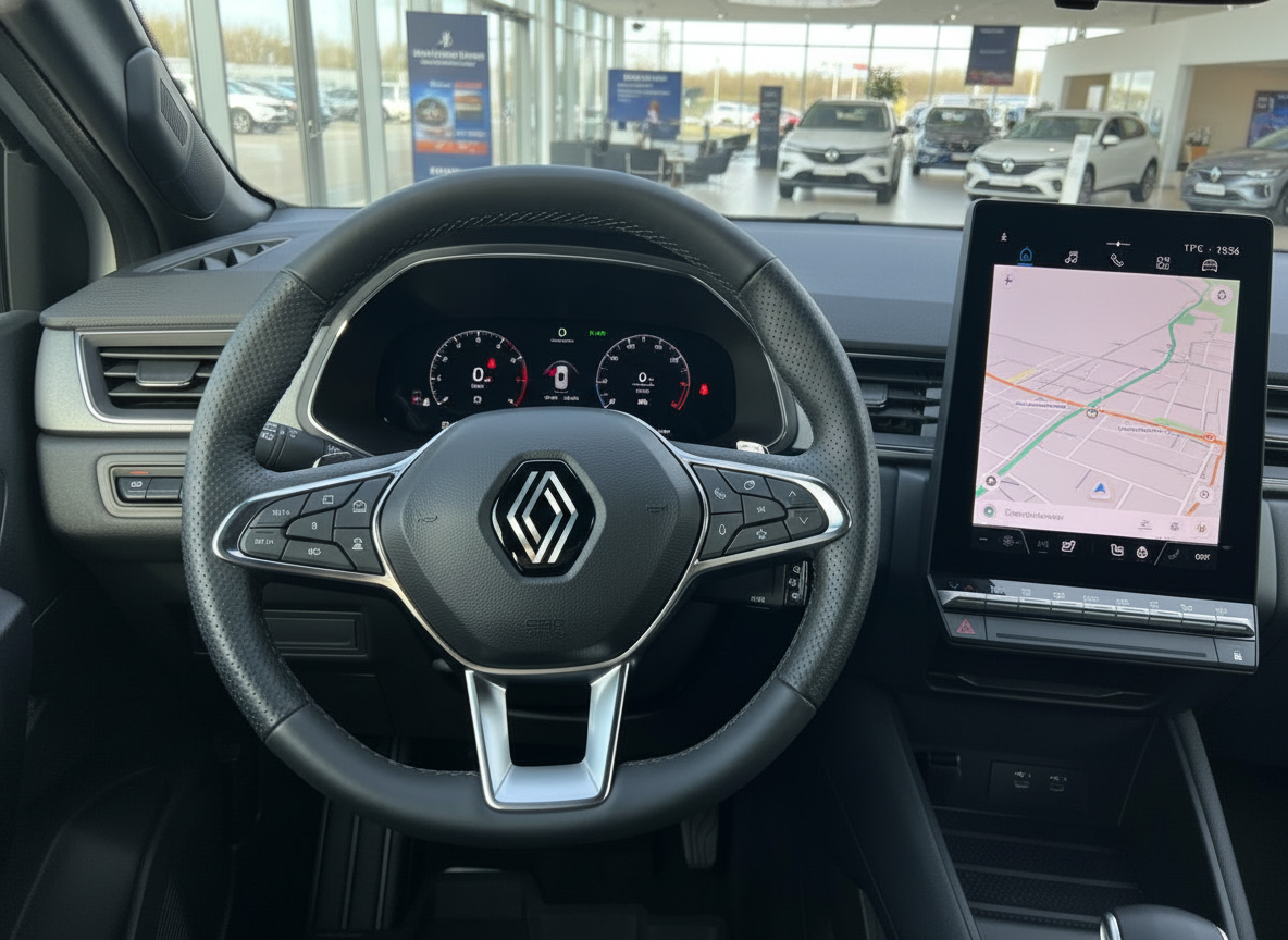 Renault Innenraum mit Lederlenkrad und großem Touchscreen-Navigationssystem im Autohaus
