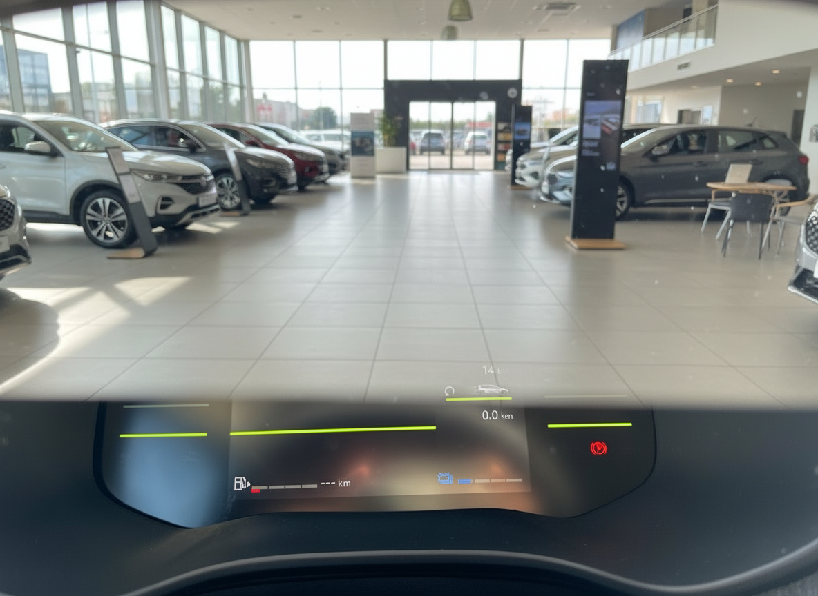 Fahrzeug-Cockpit im Autohaus mit digitalem Instrumentendisplay und Showroom im Hintergrund