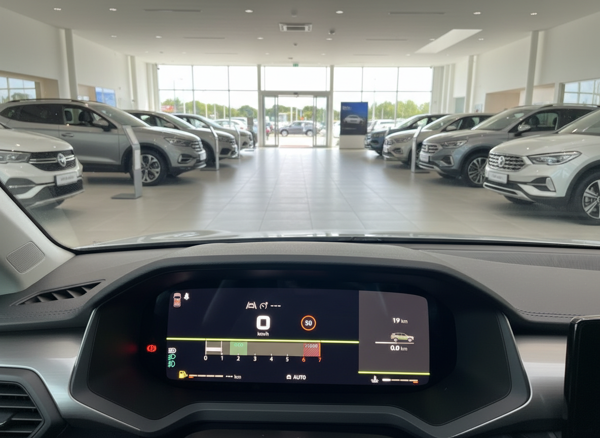 Digitales Cockpit-Display eines Renault SUV im Autohaus mit 19 km Kilometerstand
