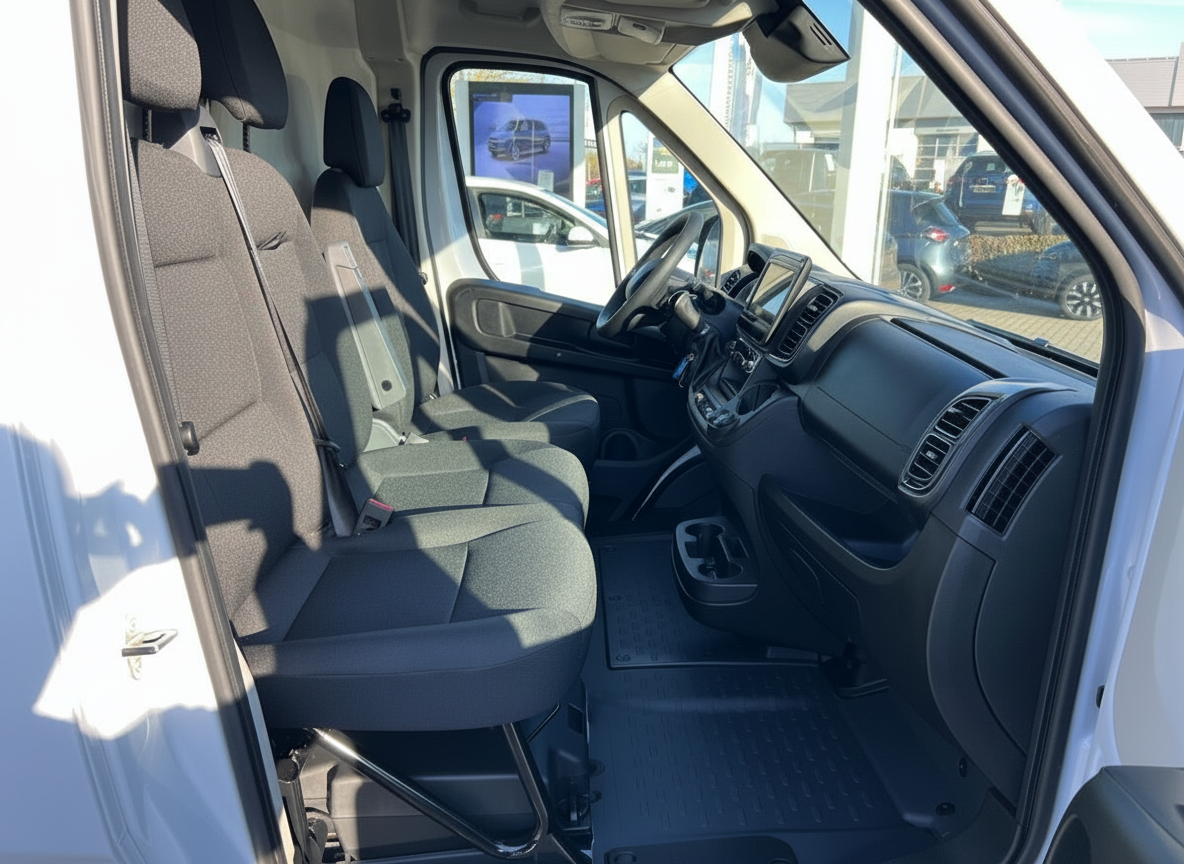 Innenraum eines weißen Transporters mit Doppelsitzbank und modernem Armaturenbrett