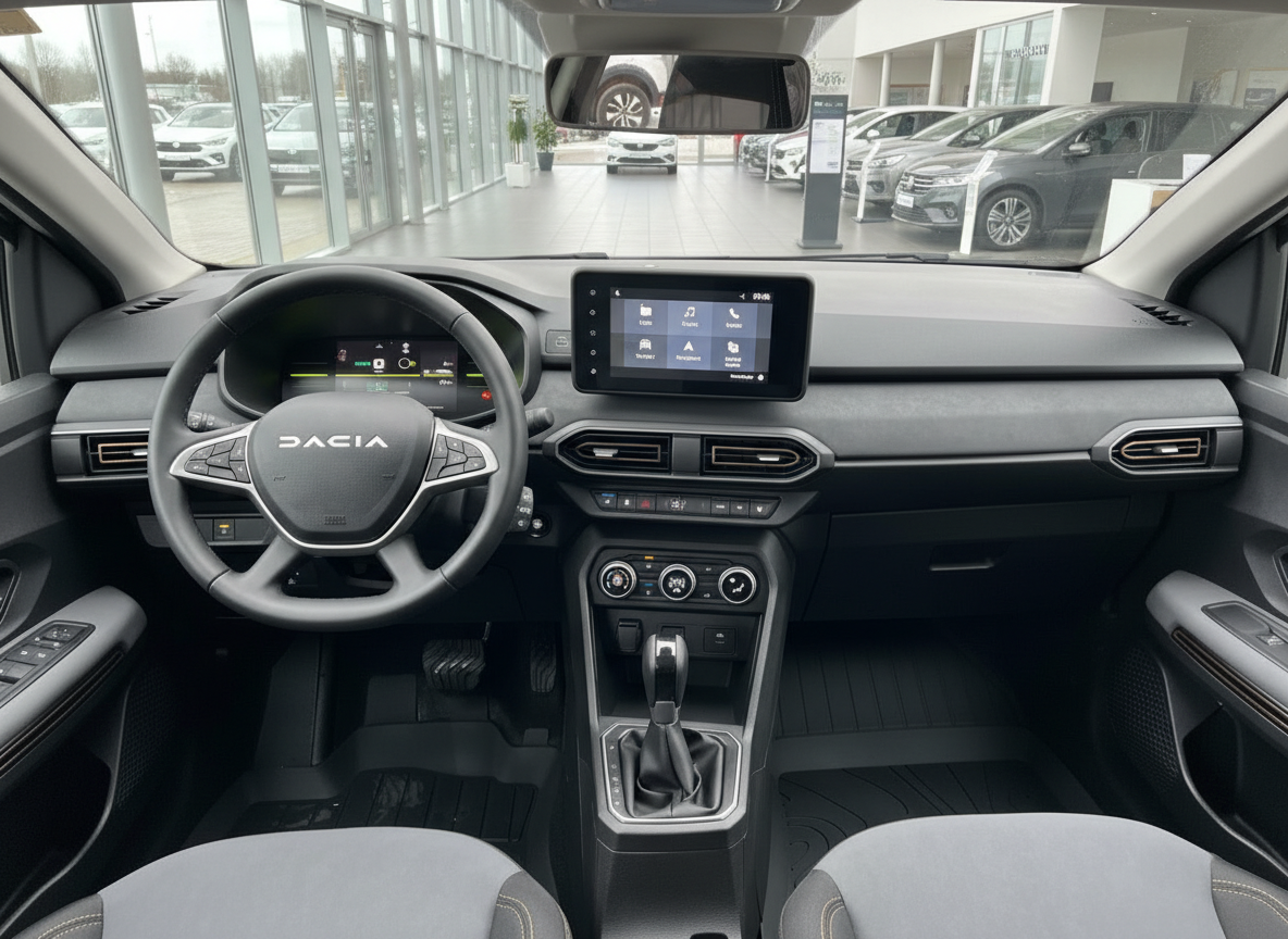 Dacia Innenraum Cockpit mit digitalem Tacho, Touchscreen und Automatikgetriebe im Autohaus