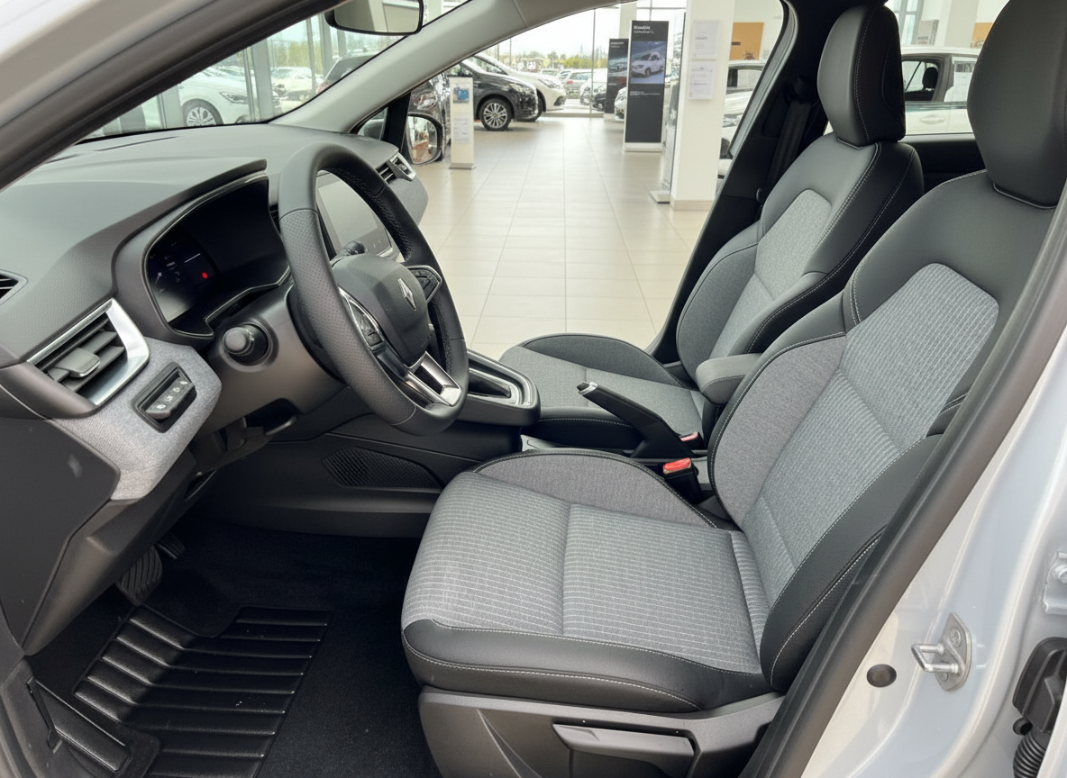 Renault Innenraum Fahrersitz grau Stoff mit Lenkrad und Mittelkonsole im Autohaus