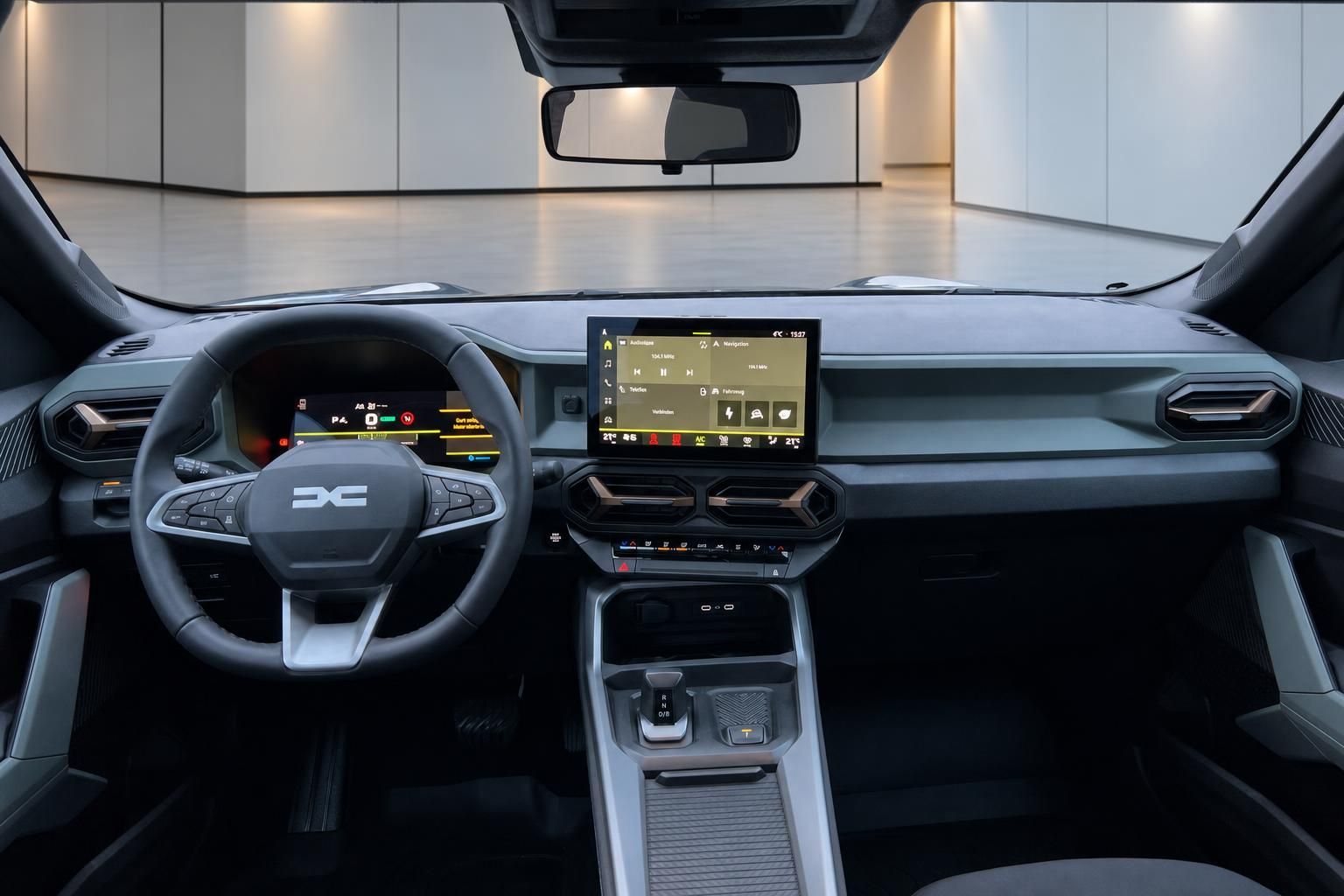 Moderner Fahrzeuginnenraum mit digitalem Cockpit, Touchscreen-Display und Lenkrad