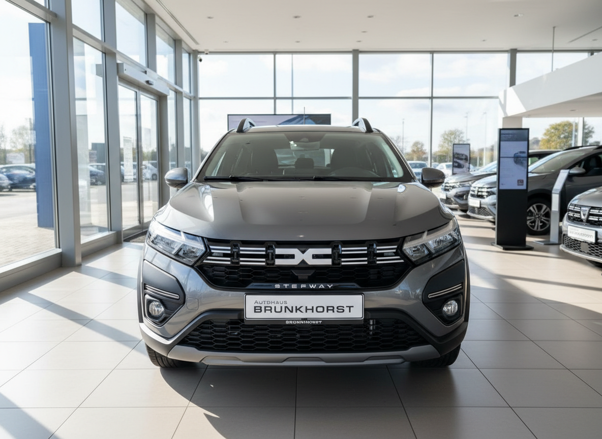 Grauer Dacia Stepway Frontansicht im Autohaus Brunkhorst Showroom