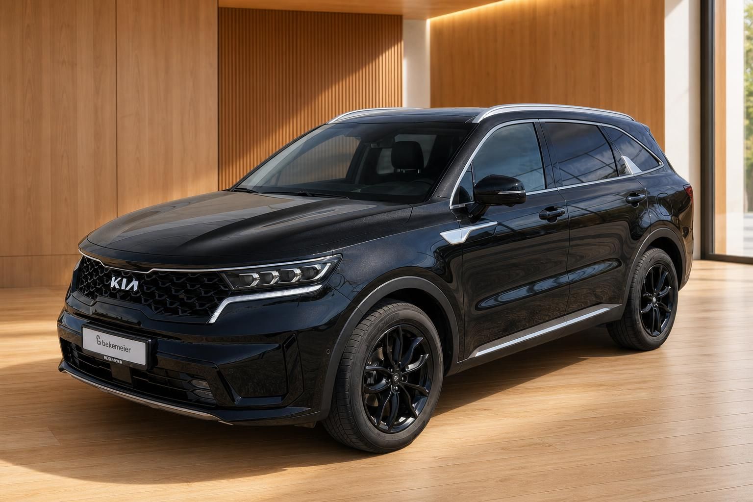 Kia Sorento SUV schwarz Frontansicht schräg – sportlicher Plug-in-Hybrid im Showroom