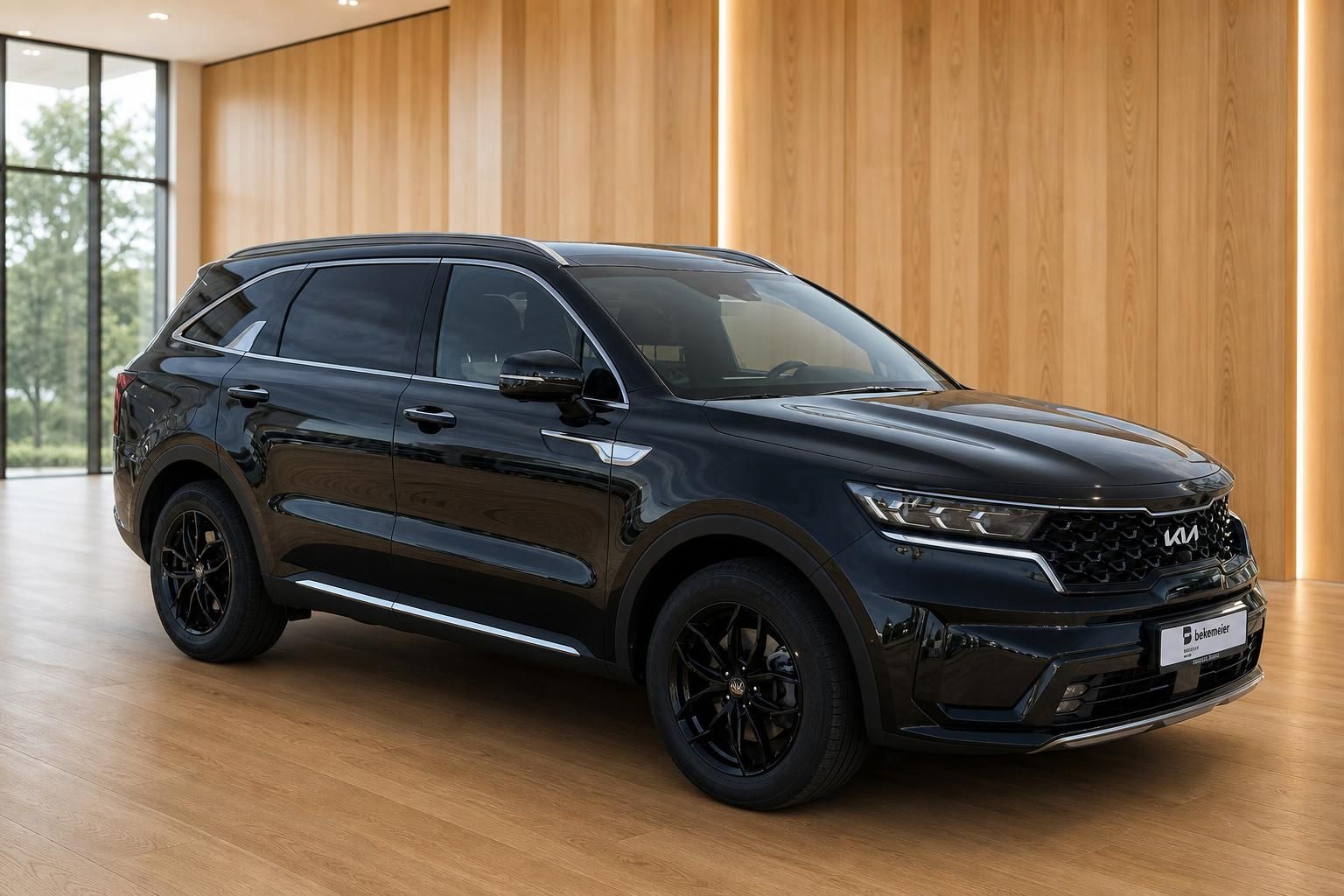 Kia Sorento schwarz Dreiviertelansicht von vorne links im Showroom mit schwarzen Felgen