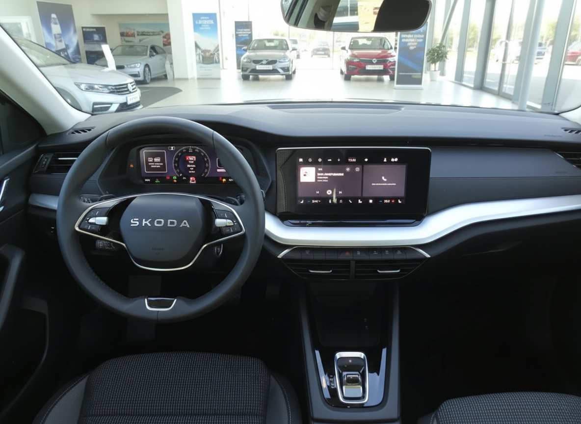 Škoda Innenraum mit digitalem Cockpit und großem Touchscreen-Infotainmentsystem im Autohaus