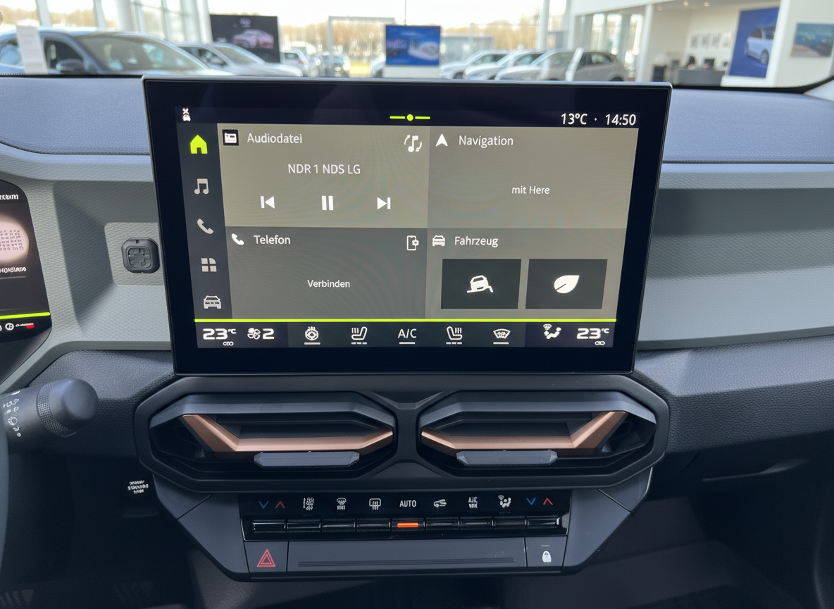 Skoda Enyaq Infotainment-System Touchscreen mit Navigation und Klimasteuerung im Innenraum
