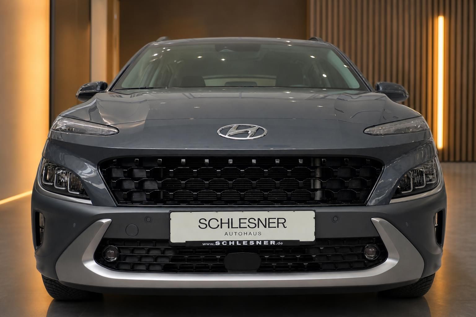 Hyundai Kona Frontansicht mit Kühlergrill und Hyundai Logo im Detail