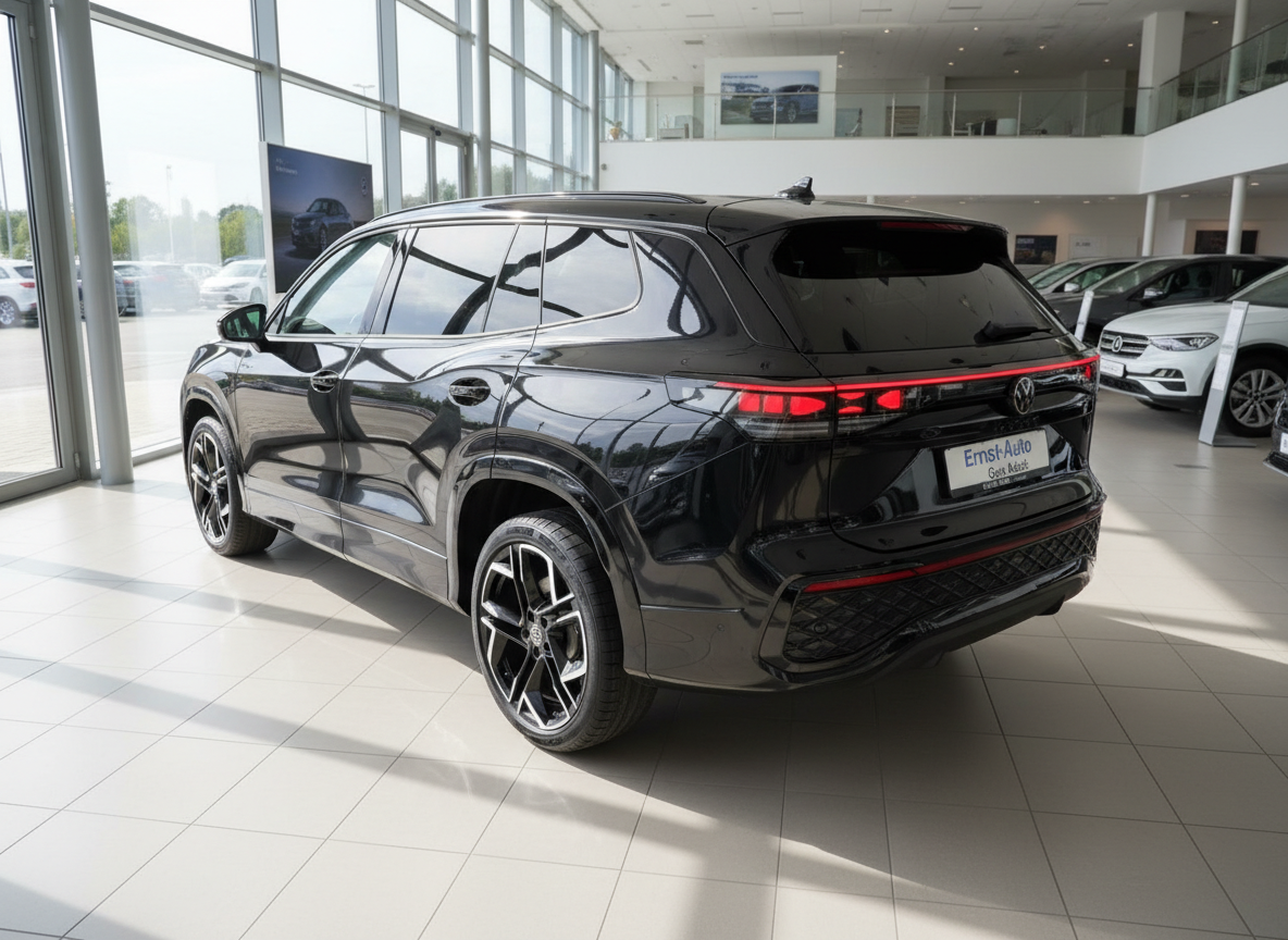 Schwarzer Volkswagen SUV Heckansicht im Autohaus Ernst-Auto