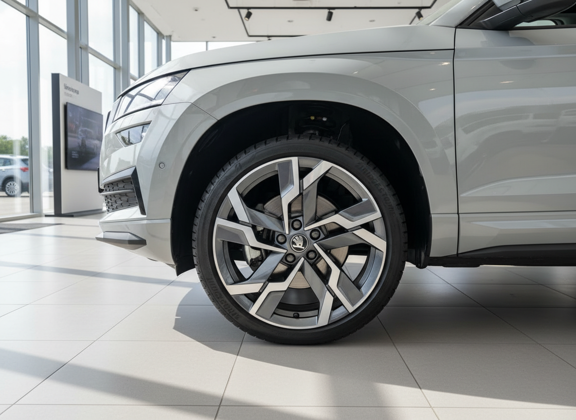 Škoda SUV silber Detailaufnahme Felge Vorderrad im Autohaus Showroom