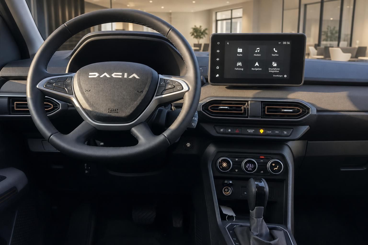 Dacia Cockpit mit Lenkrad, Multimediadisplay und Mittelkonsole