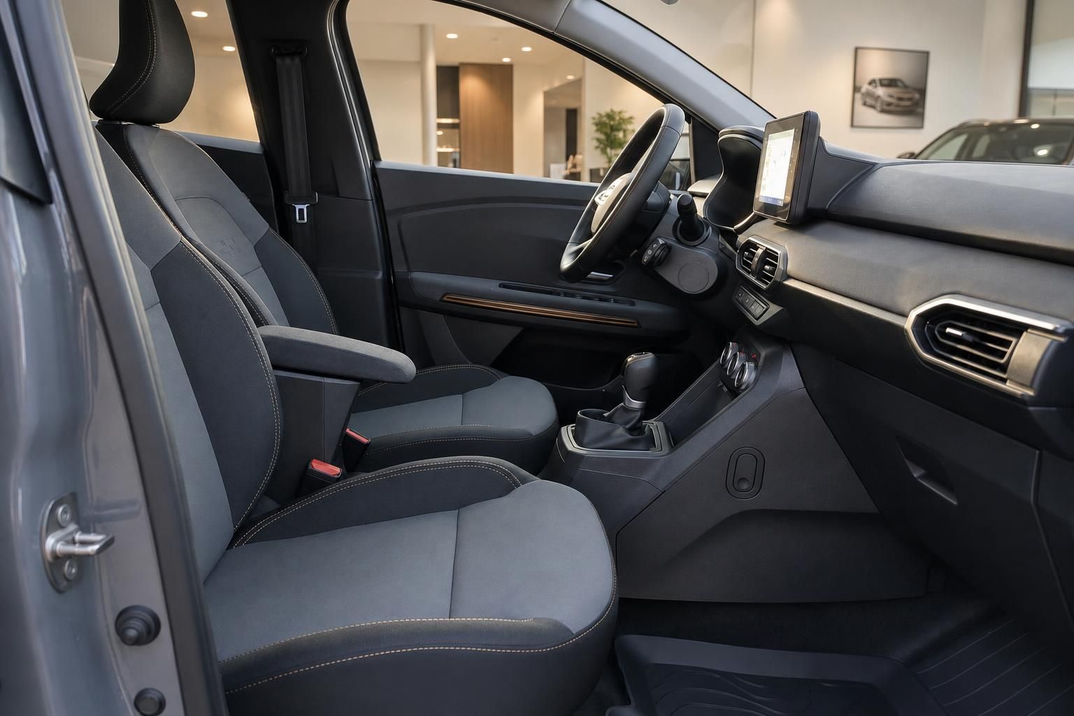 Dacia Innenraum Vordersitze mit Armaturenbrett und Navigationsdisplay