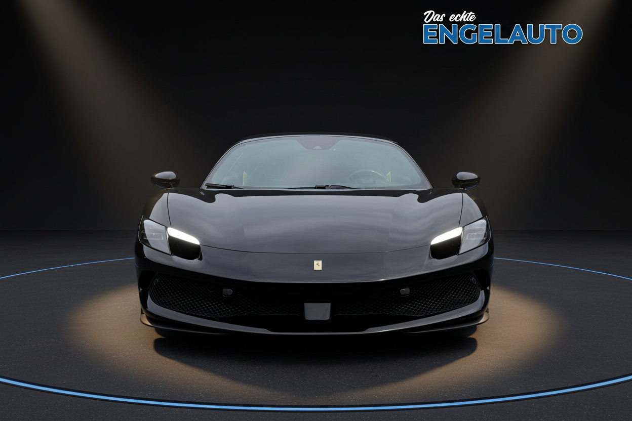 Schwarzer Ferrari 296 GTB Frontalansicht mit LED-Scheinwerfern in dramatischer Studiobeleuchtung - Sportwagen kaufen bei Engelauto