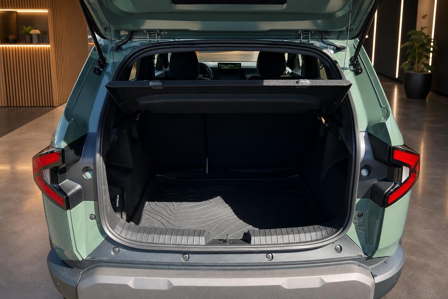 Offener Kofferraum eines grünen SUV mit Gummifußmatte und geöffneter Heckklappe
