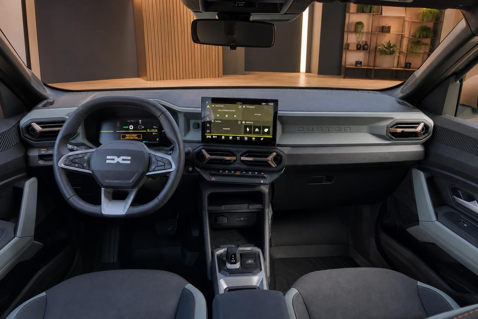 Cockpit mit digitalem Display, Lenkrad und Mittelkonsole in modernem Design