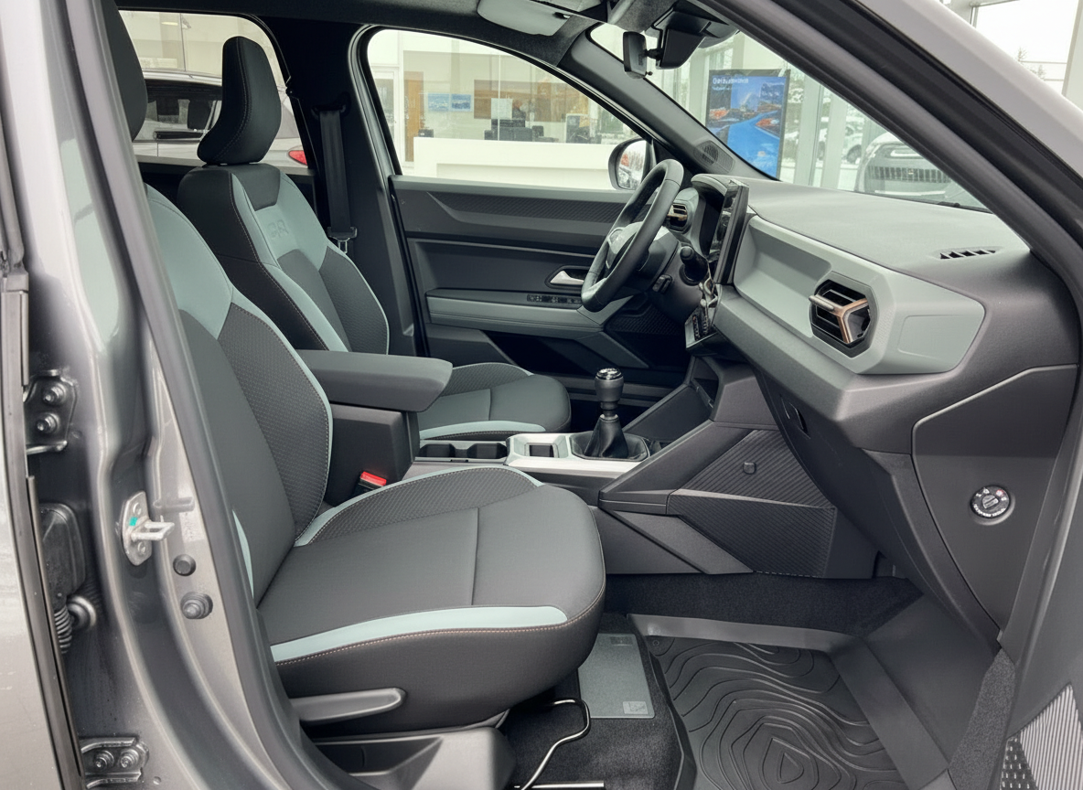 Fahrzeuginnenraum mit schwarzen Sportsitzen und grünen Akzenten, Schaltgetriebe und modernes Cockpit