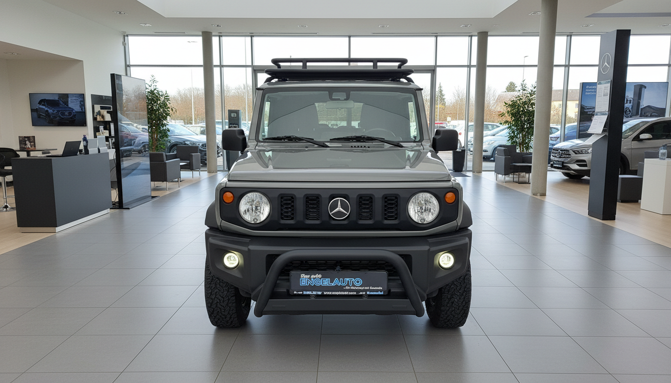 Suzuki Jimny mit Mercedes-Stern Tuning in mattem Grau mit Frontschutzbügel, Dachträger und Offroad-Reifen im Engelauto Autohaus Showroom