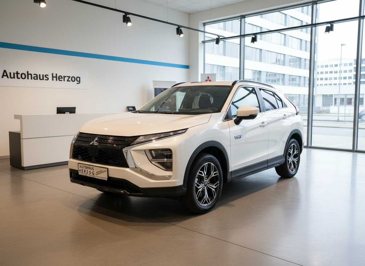 Weißer Mitsubishi Eclipse Cross PHEV in Autohaus Herzog Showroom