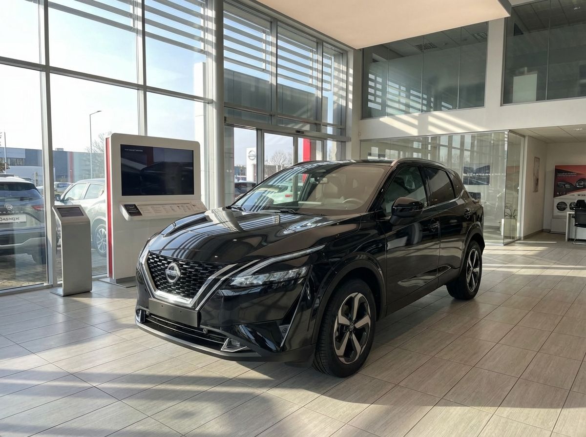 Schwarzer Nissan Qashqai Neuwagen im Showroom eines Nissan Autohauses