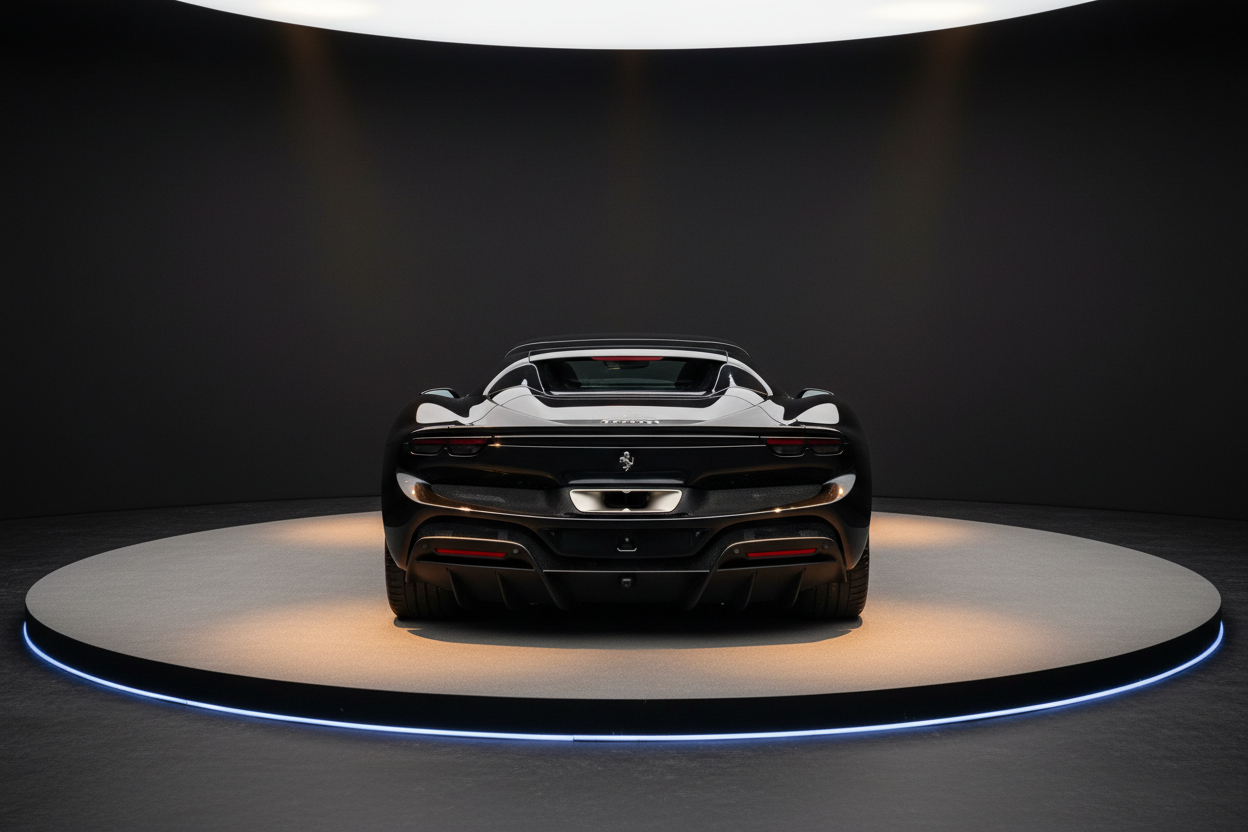 Schwarzer Ferrari Sportwagen Heckansicht auf rundem Ausstellungspodest mit blauer LED-Beleuchtung in dunklem Showroom