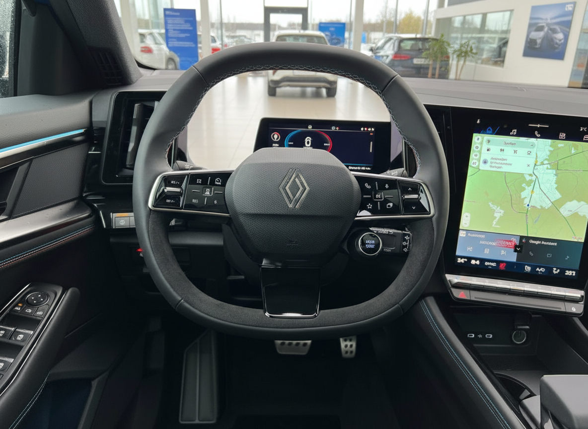 Renault Innenraum mit Lenkrad, digitalem Cockpit und großem Infotainment-Touchscreen mit Navigation