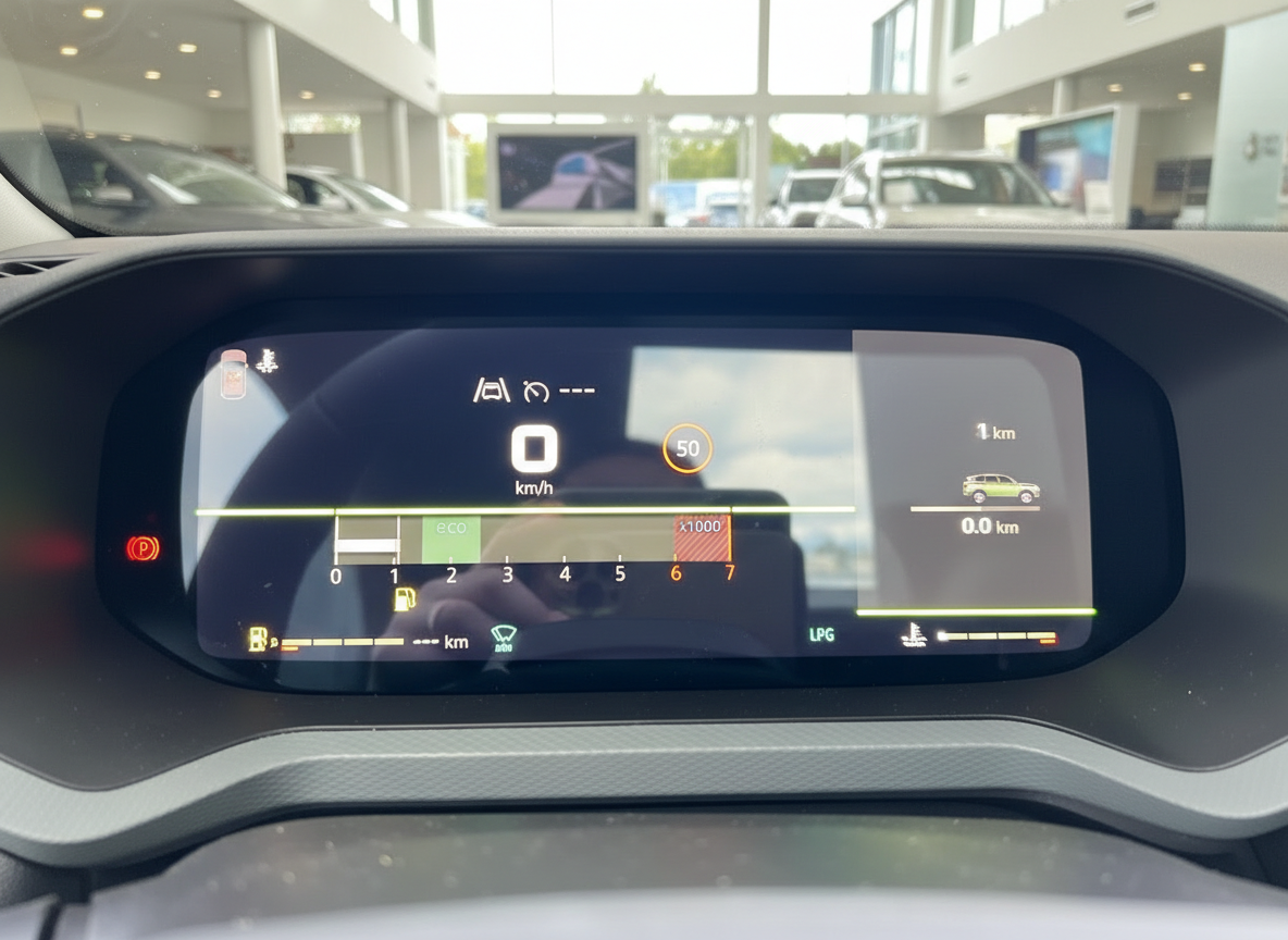Digitales Kombiinstrument mit Tachometer, Drehzahlmesser und LPG-Anzeige im Fahrzeug-Cockpit